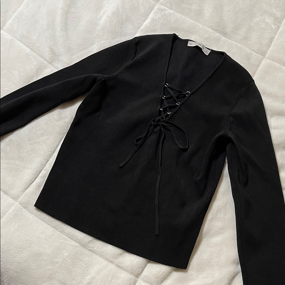 Zara Black Lace-Up Blouse
